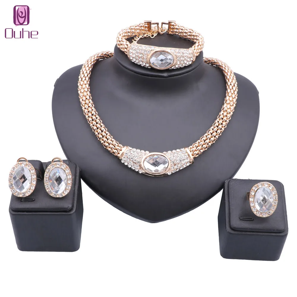 Women Gold Color Chain Choker Crystal Necklace Earring Bracelet Ring Bridal Christmas Gift Costume Jewelry Set