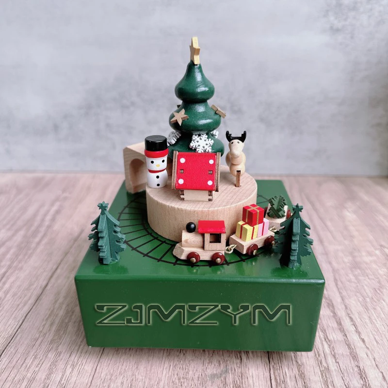 Handmade Wooden Rotating Carousel Music Box Christmas Deer Snowman Train Creative Toy Kids Birthday Gift Home Decor Ornament