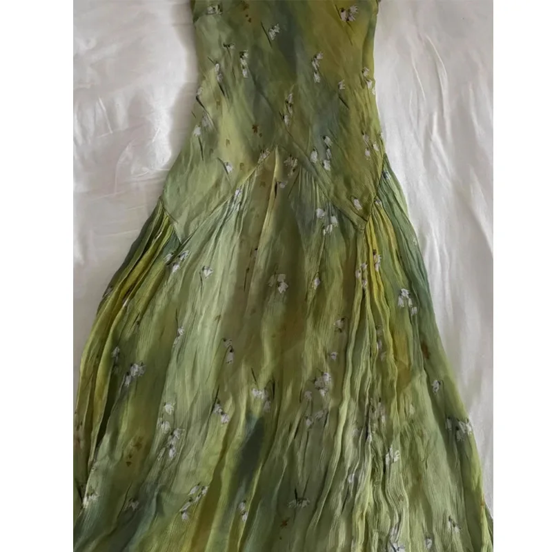 2025年新作 ヴィンテージ エレガント フレンチフローラルプリント Vネック ストラップレス ミディ丈ワンピース レトロ レディース スイート サマーバケーションスタイル ロングワンピース