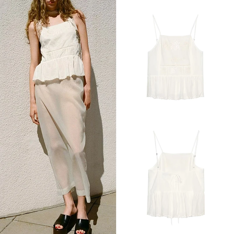 

Z Women's Faion Knot Embroidered Flower Top Street Sle Slim Fit Polyester Single Piece Summer Casual