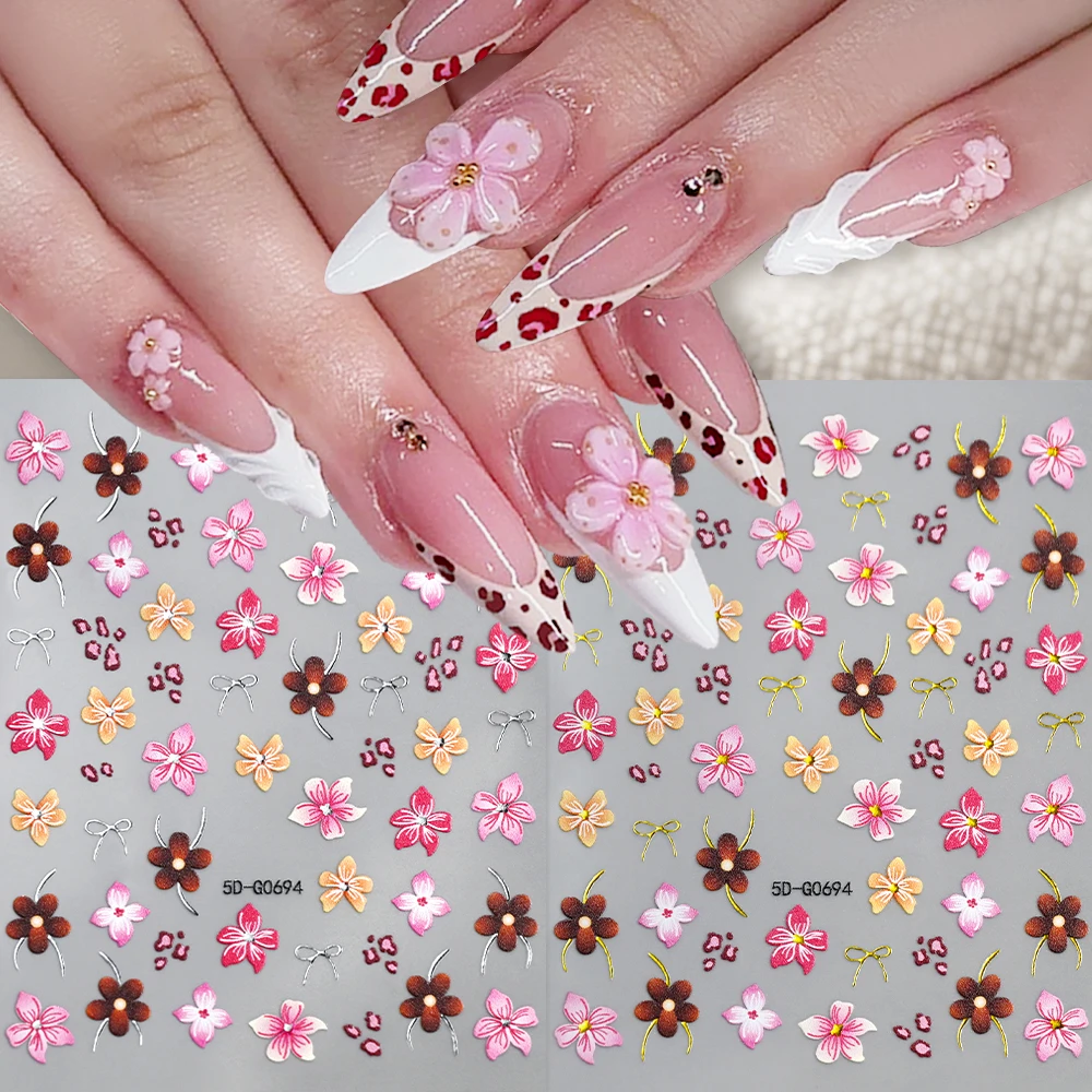 2pcs 5D Five-petaled Flower Nail Art Stickers Bow/Floral Nail Decals for Valentine'S Day/Wedding/Bridal Shower/Mother'S Day Gift