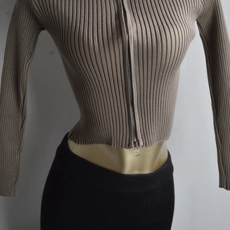 

Slim Fit Long Sve Collared Base irt Women's Elastic Double Zipper ort Length Autumn Winter New Sle Knitted Top