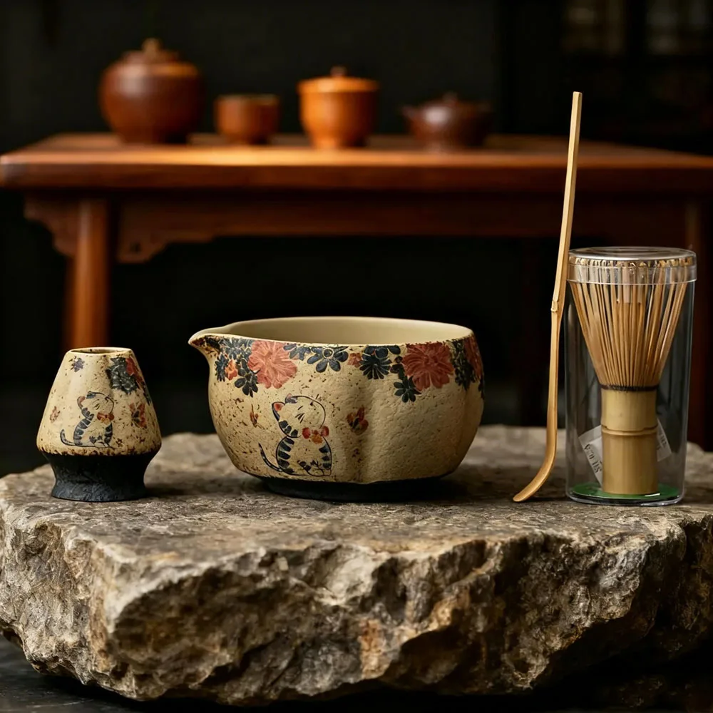 Flint Red Antique-Style Matcha Bowl and Tea Whisk Set Japanese Style Tea Ceremony Accessories Home Decro Gift