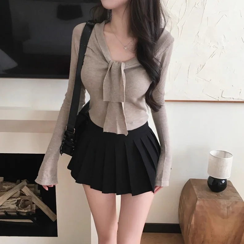 Dongda Gate Nowa Damska Koszulka z Długim Rękawem, Dopasowana, Seksowna, z Dekoltem w Serek, Dzianinowa, Wyszczuplająca, Idealna do Pracy, Regularny Krój