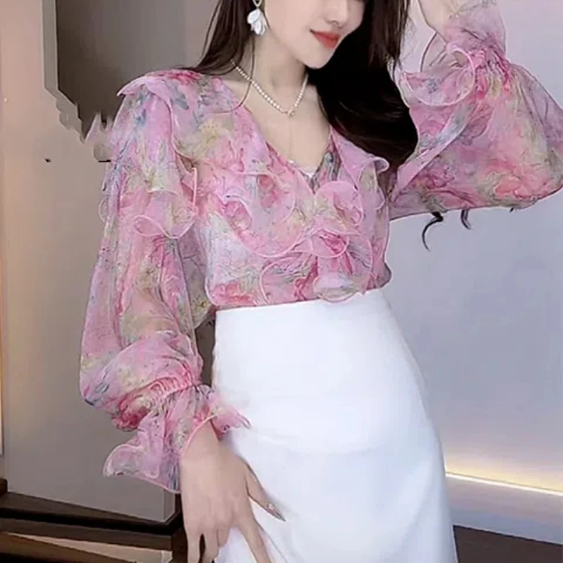 

French Floral Ruffled New Summer 2024 Patchwork V-neck Printing Fashion Slim Minimalist Casual Long Sleeved Blouses Shirts