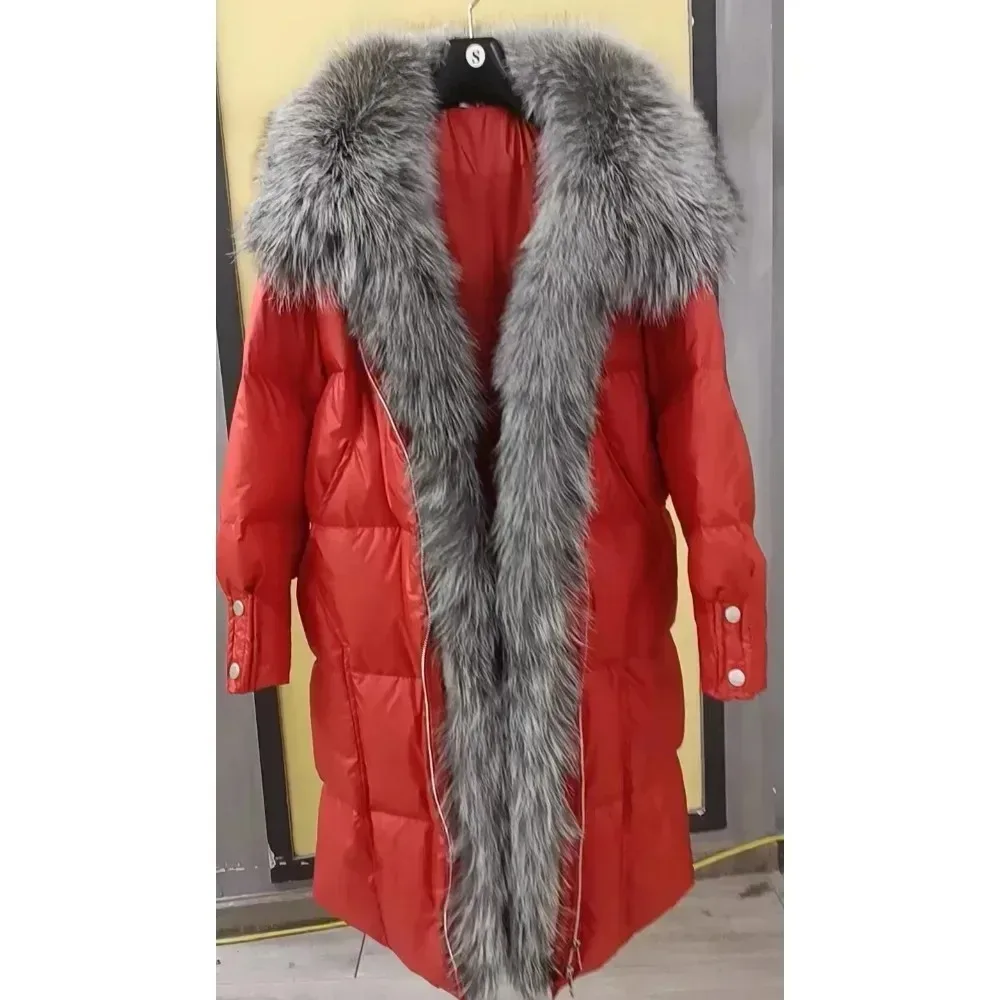 2024 Women Winter Big Real Silver Fox Fur Collar 90% White Duck Down Jacket Long Thick Warm Luxury Parka Female Outwear