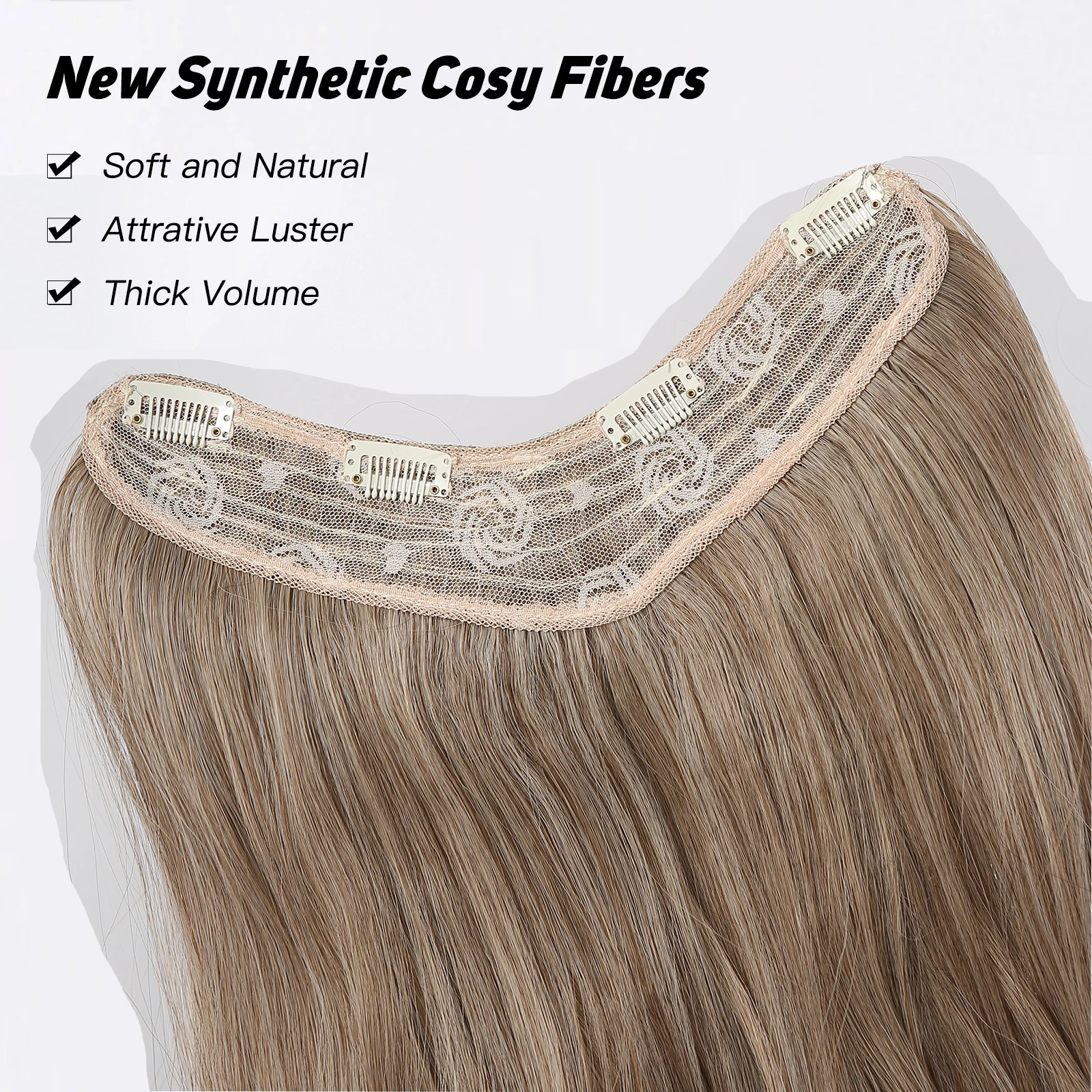 LOUIS FERRE Gray Brown to Blonde Ombre Wavy Hair Pieces for Women Long Brown Invisible Wire Hair Extensions With 4 Secure Clips