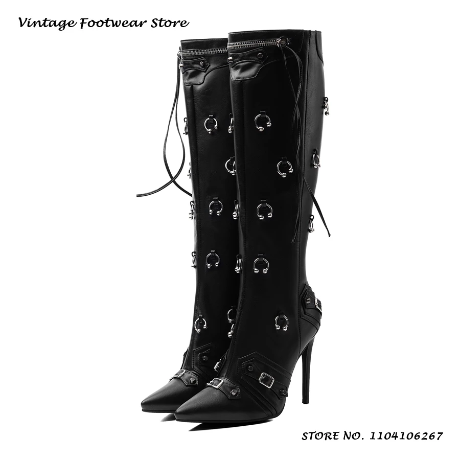 Piercing Fringe Knee-high Boots Solid Pointed Toe Thin Heels Plus Size Trendy Shoes Women's Punk Style Side Zipper Long Boots