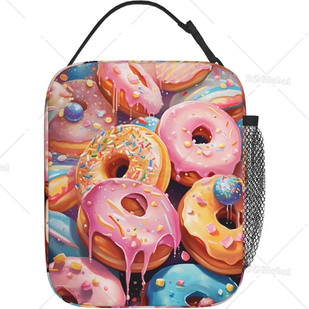 Colorful Donuts Lunch Bag Insulated Dessert Art Tote Box Donut Candy Cooler Meal Bag for Office Work Picnic Reusable Bento Bag