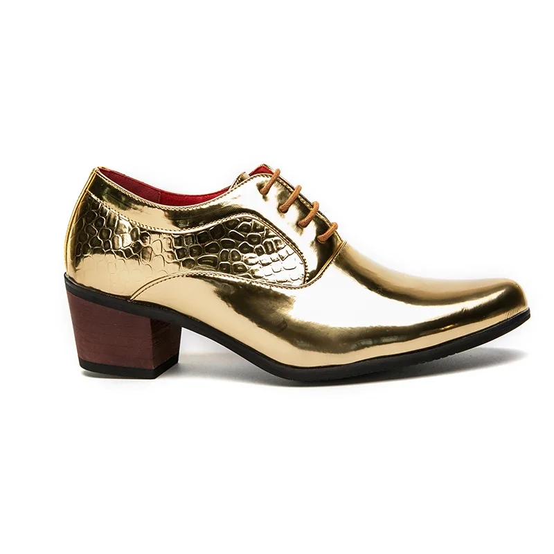 New Gold Men Dress Shoes Pointed Toe Lace-up Thick Heel Fashion Men's Shoes  Wedding Party Zapatos De Hombre
