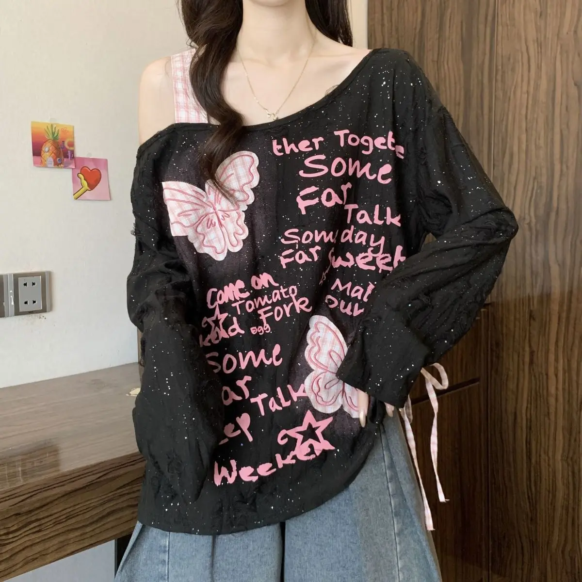 Large Size American Butterfly Slanted Shoulder Long Sleeved T-Shirt for Women, Autumn New Style, Loose Drawstring Top for Women