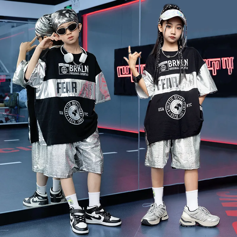 [15-70KG]Kids Alphabet Loose T-Shirt Set Boy Hip Hop Street Dance Set Girl Japanese and Korean Trend Street Style Suit