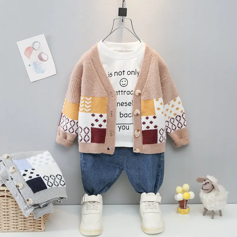 New Spring Fashion Autumn Children Boys Girls Kids Patchwork Coat Smile T-shirt Pants Jeans 3Pcs/Sets Kids Clothing Tracksuits