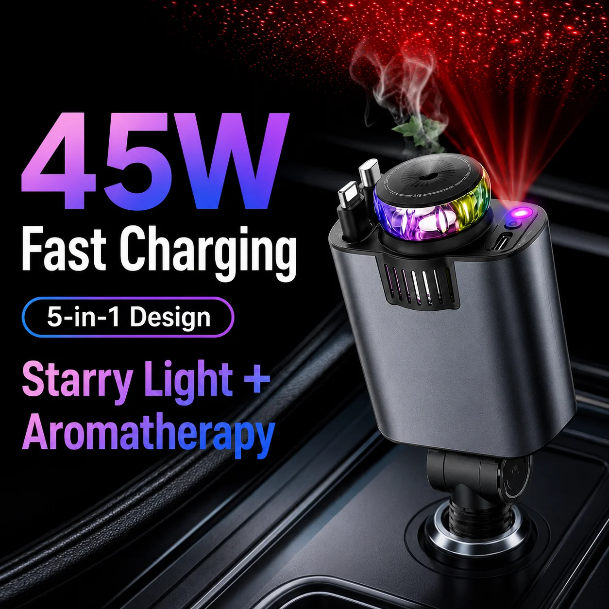 45W 45W Retractable Car Charger with Starry Light Aromatherapy Diffuser Built-in Lightning USB-C Cable Type-C Fast Charging Adapter - Aliexpress Deal