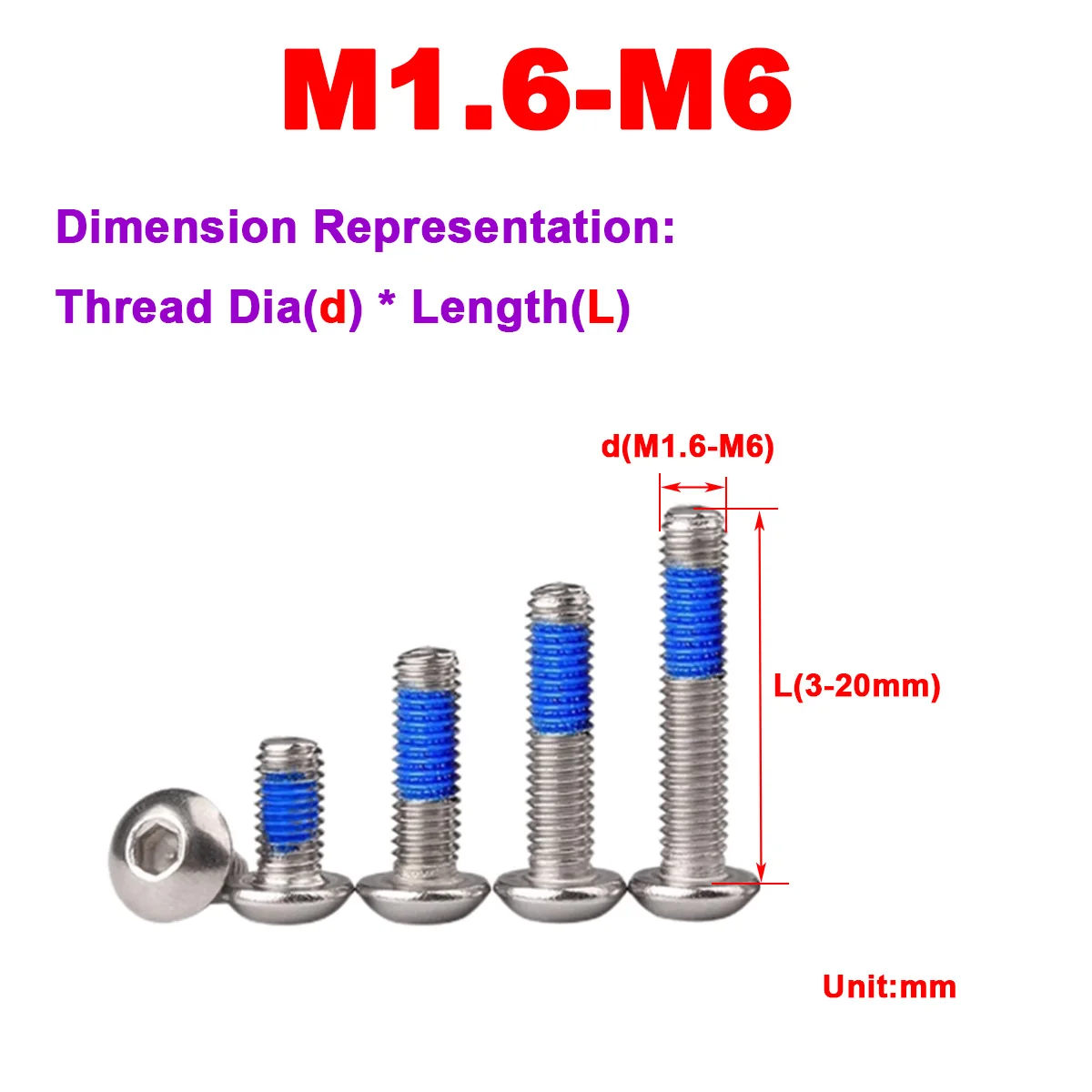 304 Stainless Steel Pan Head Hexagonal Half Coated Blue Glue Bolt Round Head Anti Loosening Screw M1.6M2M2.5M3M4M5M6