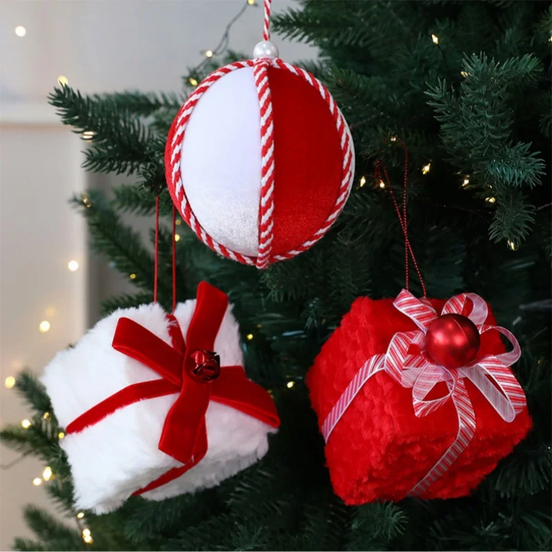 

2Pcs 10CM Red and White Flocking Christmas Ball Hanging Decor Christmas Gift Box Christmas Tree Hanging Christmas Window Decor
