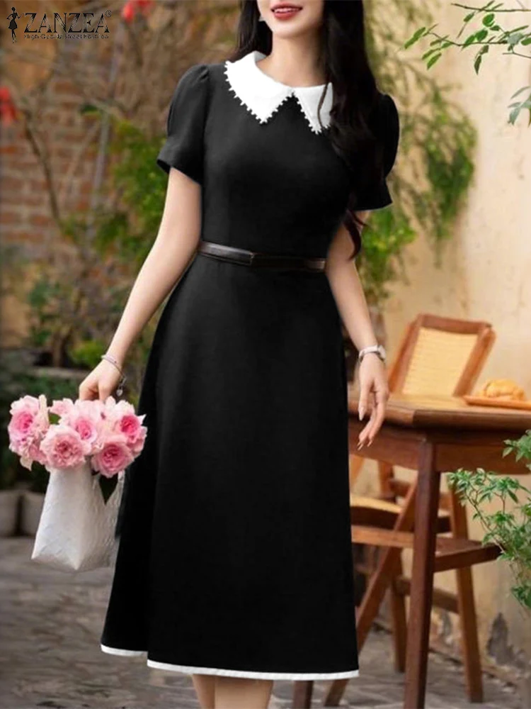 

2025 Casual Korean Dress Women Elegant Solid Color Sundress ZANZEA Fashion A-Line Patchwork Vestidos Short Sleeve Robe Femme