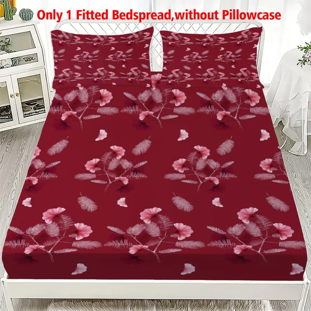 1pc Pink Silk Tree Burgundy Floral Print Fitted Sheet Deep Pocket Elastic Mattress Cover Single Double Queen King Bedroom Decor
