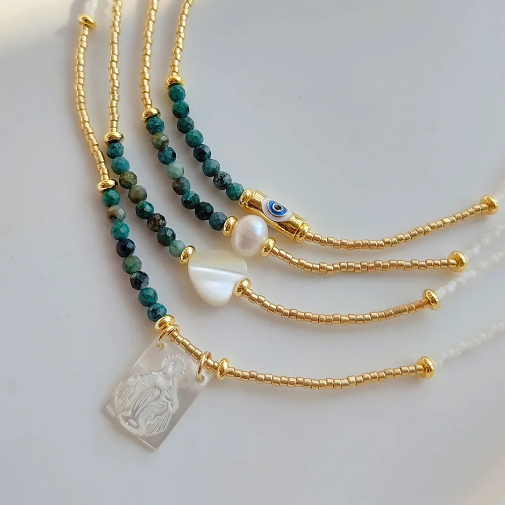 

Rice bead necklace Sea shell Pendant Bohemia Natural stone Pearl Eye Hand knitting Adjustable Female Fashion Beaded necklace