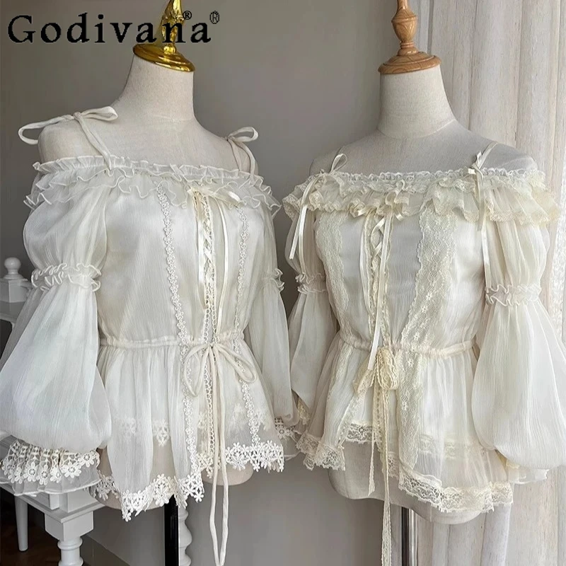 

Original French Elegant Court Style Lolita Long Sleeve Shirt Autumn New Women Sweet Cute Bow Lantern Sleeve Off-Shoulder Blouses
