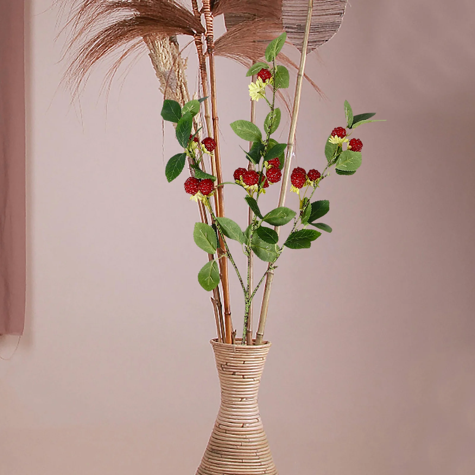 

Artificial Raspberry Decoration IndoorFruits Red Berry Stems Foam Fake Plants Long Lasting Floral Arrangement Table