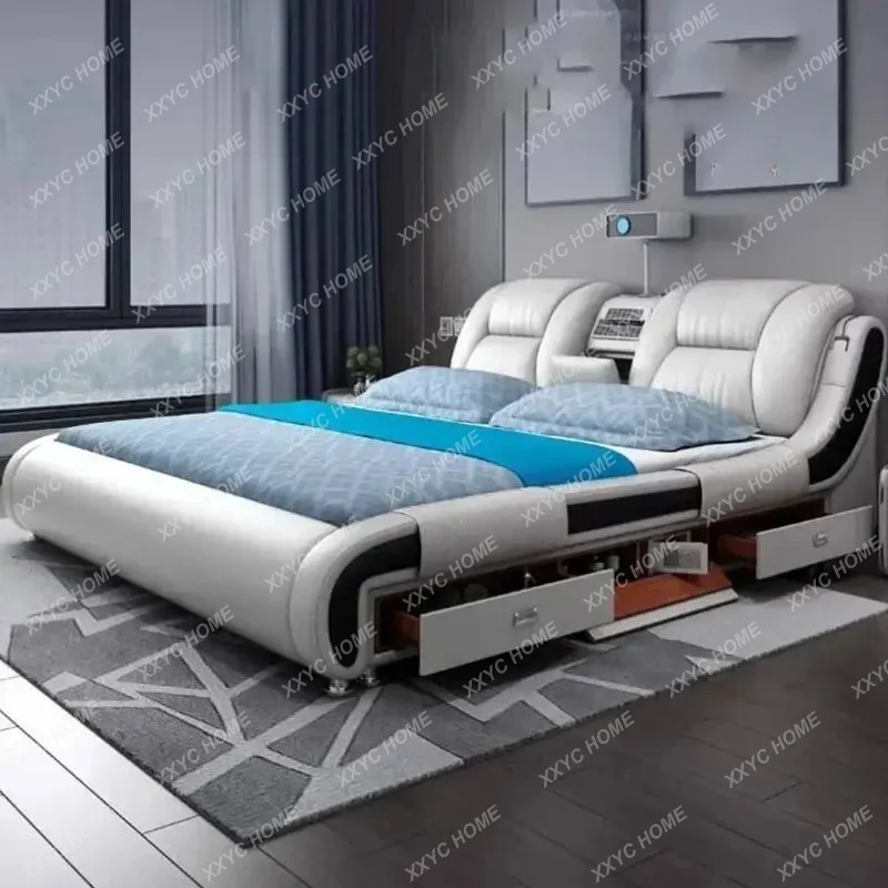 XXQueen Luxury Modern Double Bed Storage Multifonction Bedroom King Double Bed White Frame Smart Cama Box Casal Room Furniture