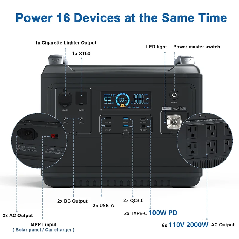 VDL-Portable Power Station, 2000W, 200W Solar Panel, Fast Charging Generator for Home, Outdoor Camping Emergency