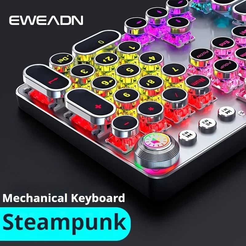 EWEADN Steampunk Mechanical Keyboard 104-Key Round Keycaps with LED Backlight Multimedia Knob Wired Gaming Keyboard for PC Gifts