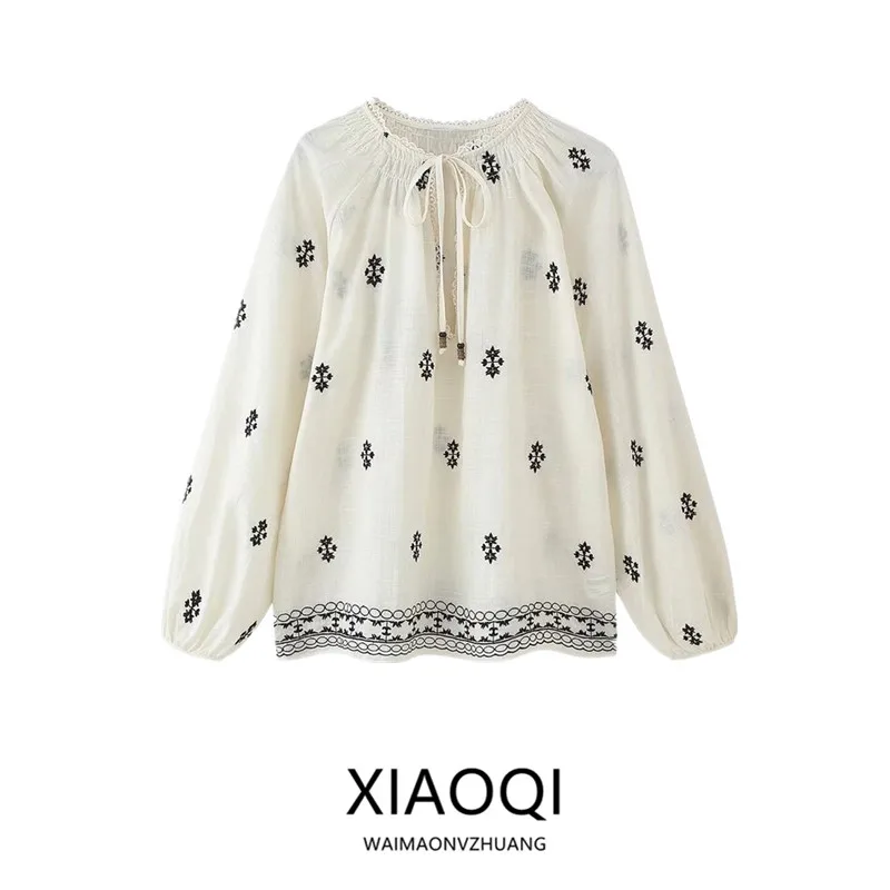 قميص نسائي صيفي جديد لعام 2025 بأكمام طويلة مزين بالتطريز وتصميم متعدد الألوان فضفاض متعدد الاستخدامات مصنوع من مواد أخرى 00%