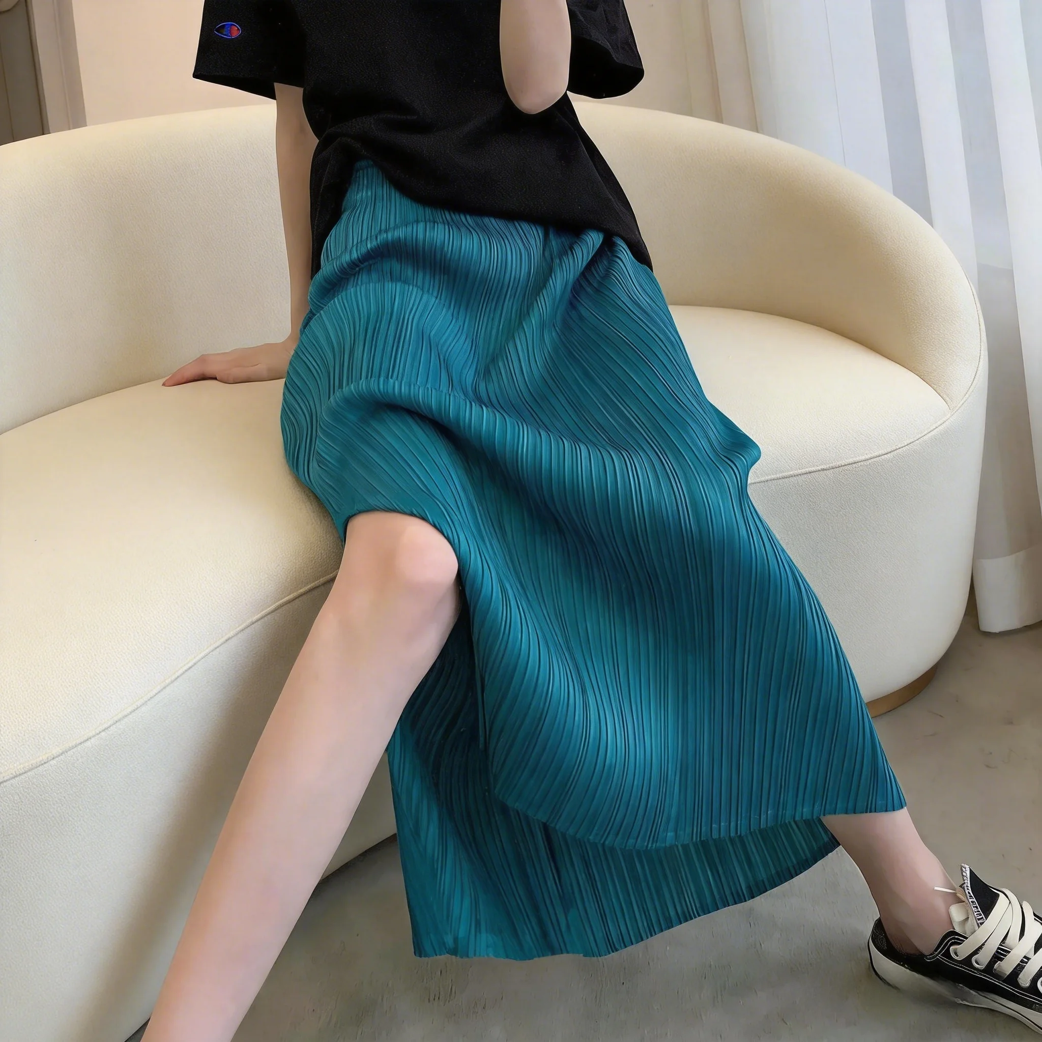 Simple Pleated High Waist Midi Skirt Elastic Waist A-Line Pure Color Fairy Skirt Casual Polyester Fiber No Ironing Needed