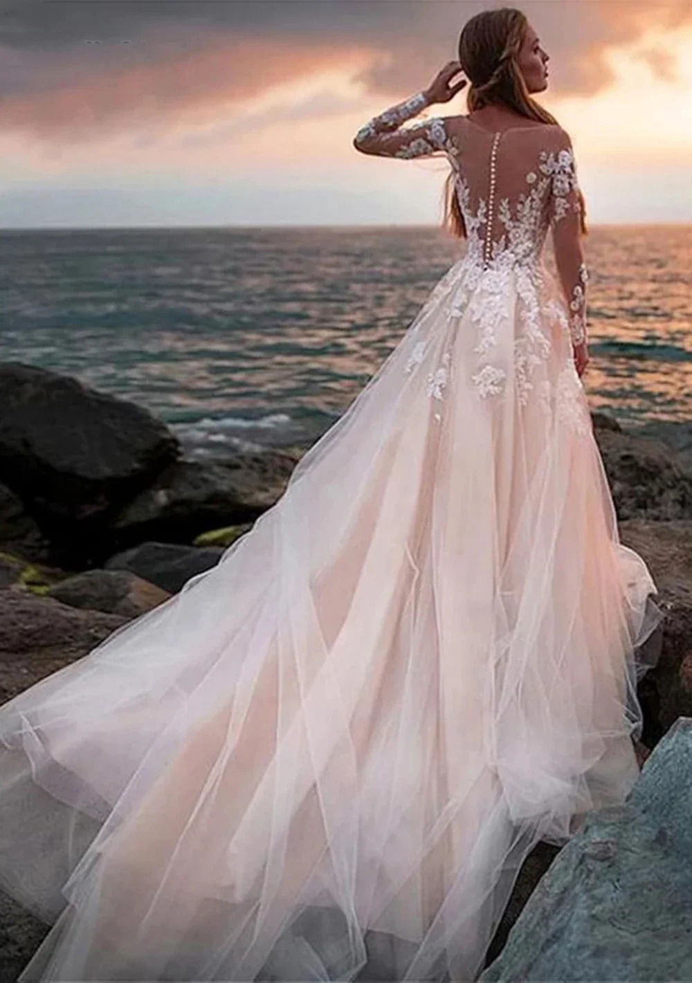 Customized Charming Long Sleeves Champagne A Line Wedding Dresses for Women Illusion Tulle Beach Lace Appliqued Bride Dresses