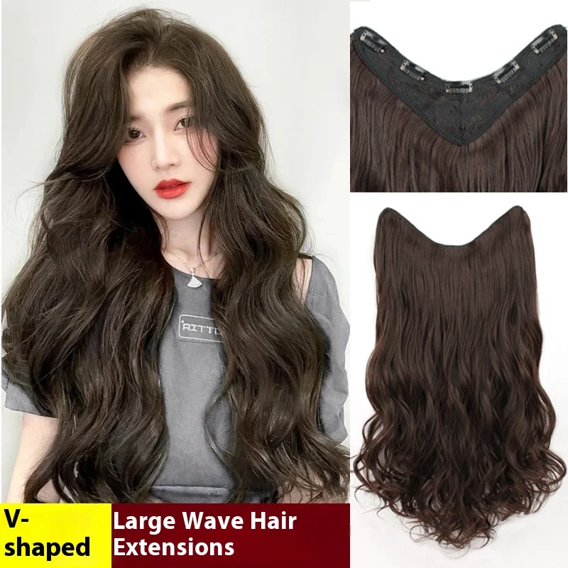 여성용 긴 가짜 머리 곱슬 머리 V자형 헤어 익스텐션 클립인 보이지 않는 풍성한 웨이브 합성 머리 헤어 익스텐션