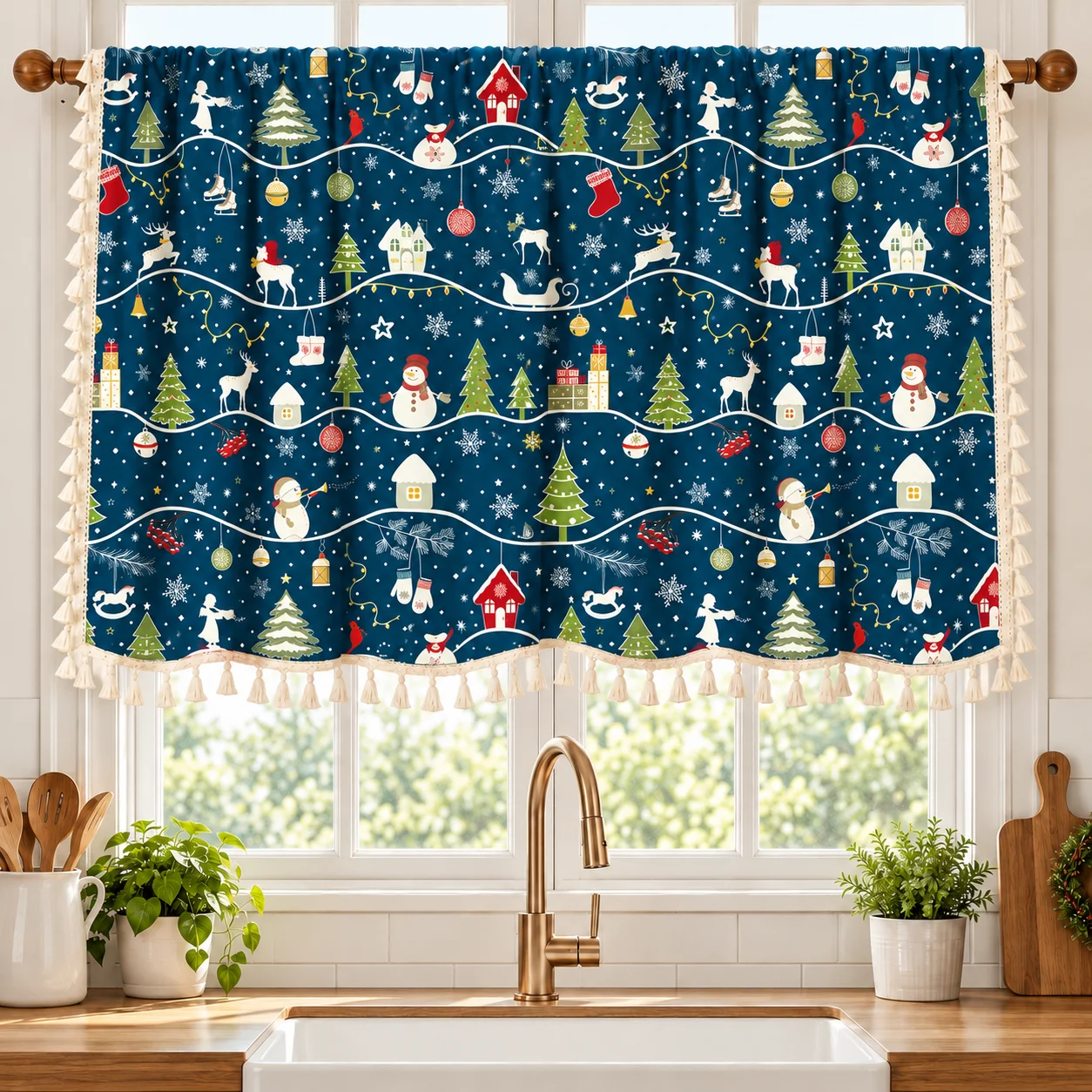 1PC Blue Reindeer Print Short Curtain, Bedroom Door Curtain, Kitchen Curtains, Decorative Atmosphere Curtain, 1pc Small Fresh Pr