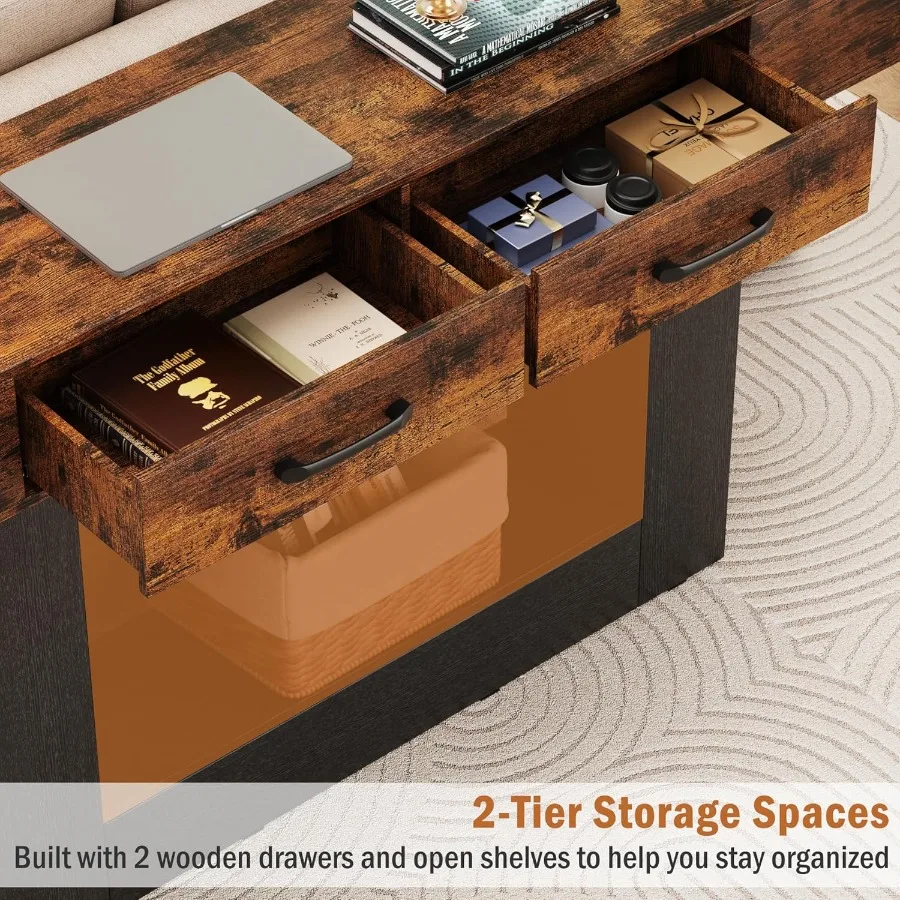 63 Long Console Table with LED Lights Charging Station2Tier Entryway Table with Drawers and Open Storage Shelf for Entry Way Fa