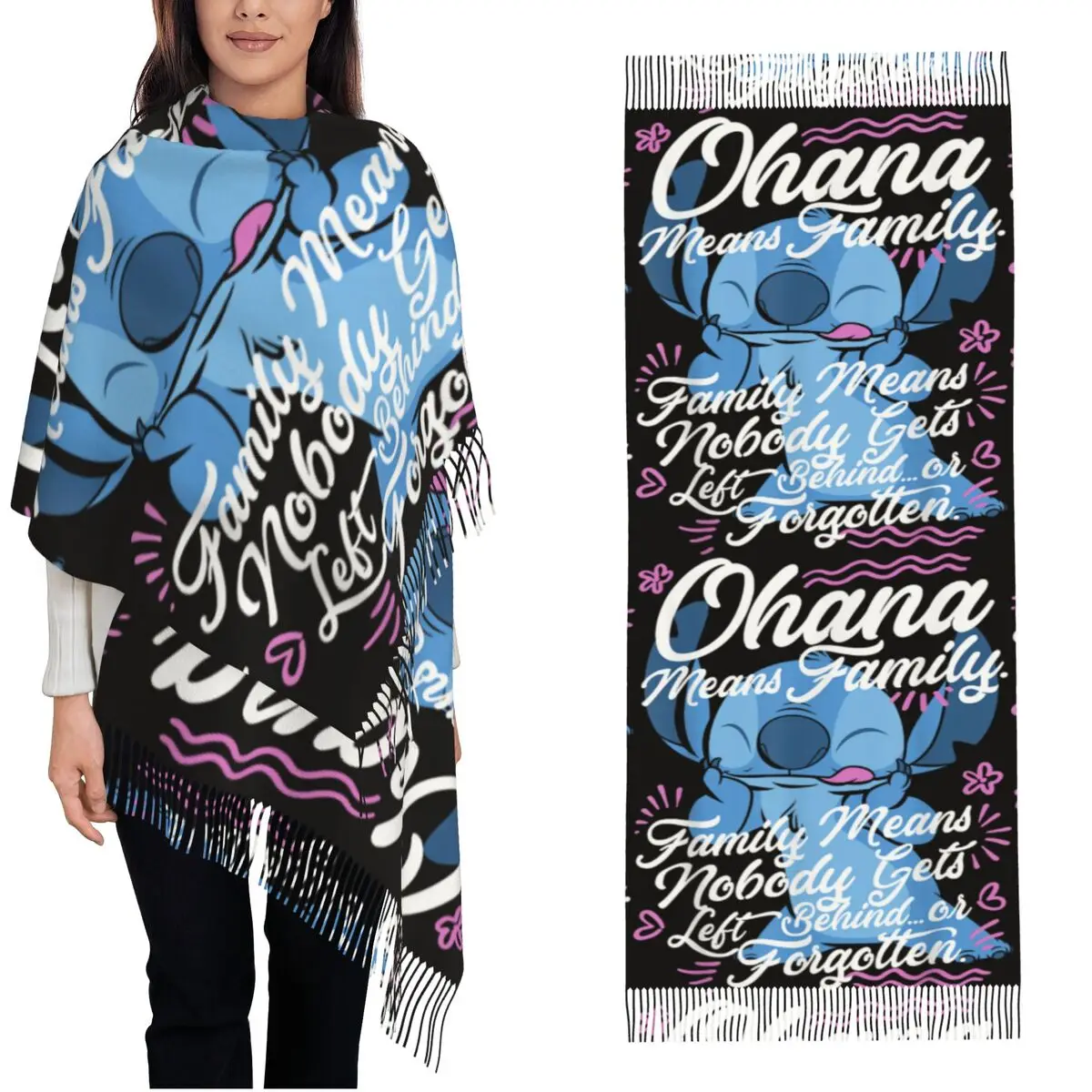 

Шарф-косынка Lilo & Stitch «Охана — это семья» с длинными кисточками, женский головной убор, зимняя шаль-накидка, теплая бандана