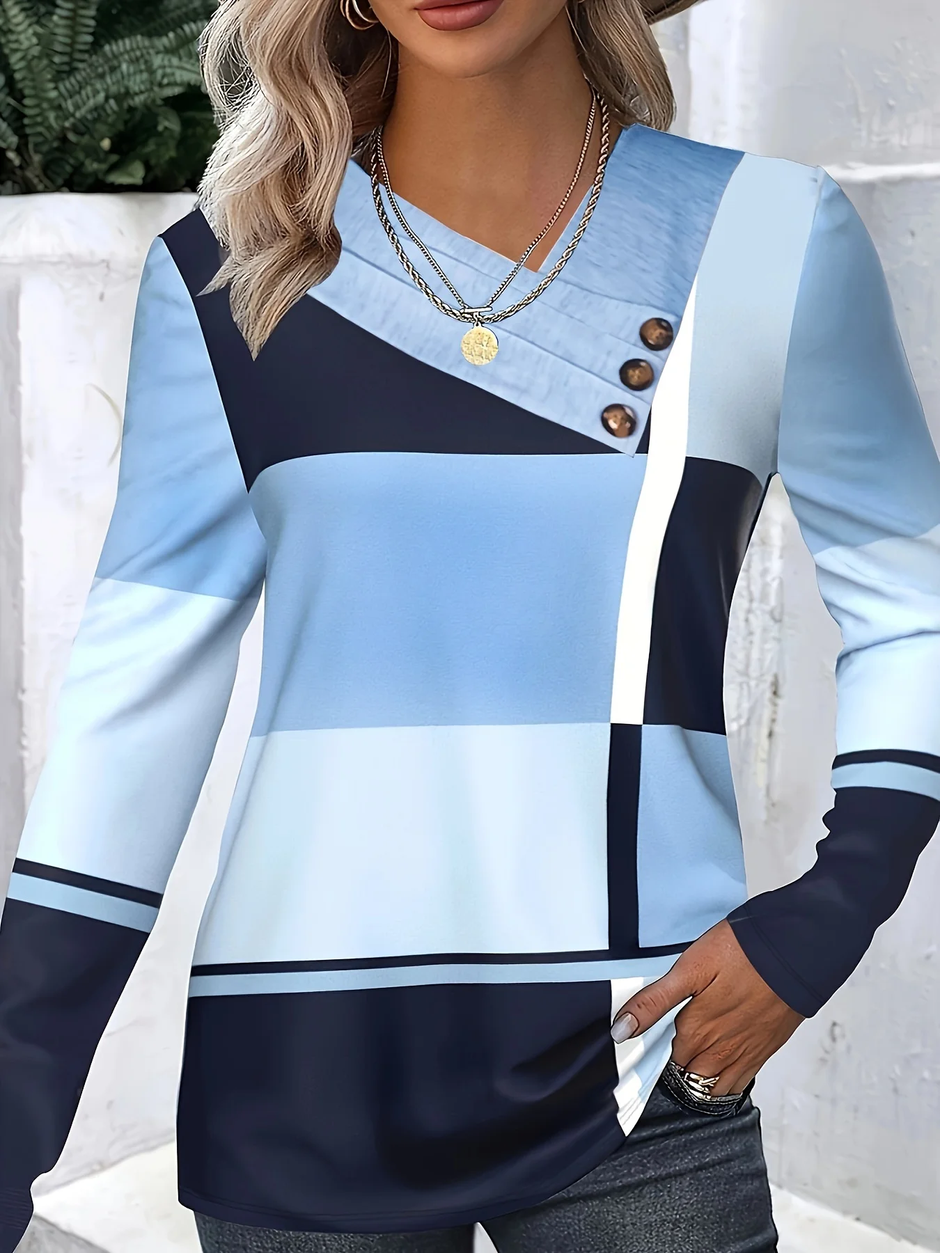 

Women's Long-Sleeve Floral Print Top - Button Accents, Asymmetric Neckline, Drop Shoulders, Slim-Fit Shirt Blouse