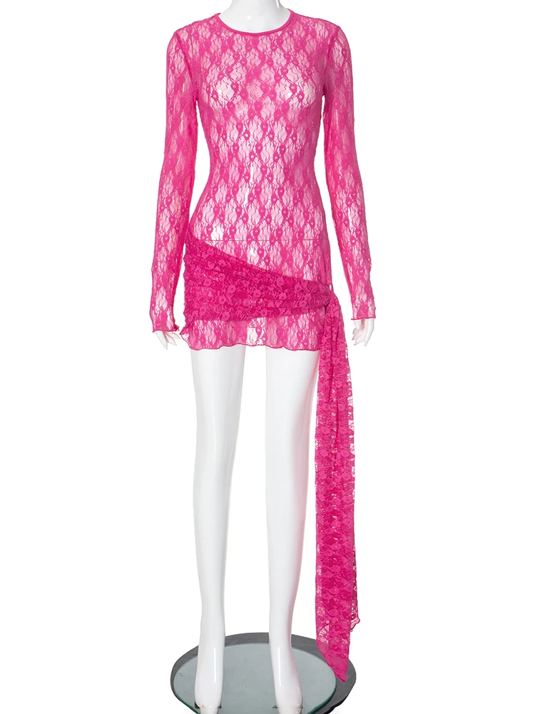 Kliou Spitze Bänder Frauen Mini Kleid Sexy Hot Transparenz Volle Hülse O-ansatz Dünne Vestidos Mujer Solide Coquette Mitternacht Kleid