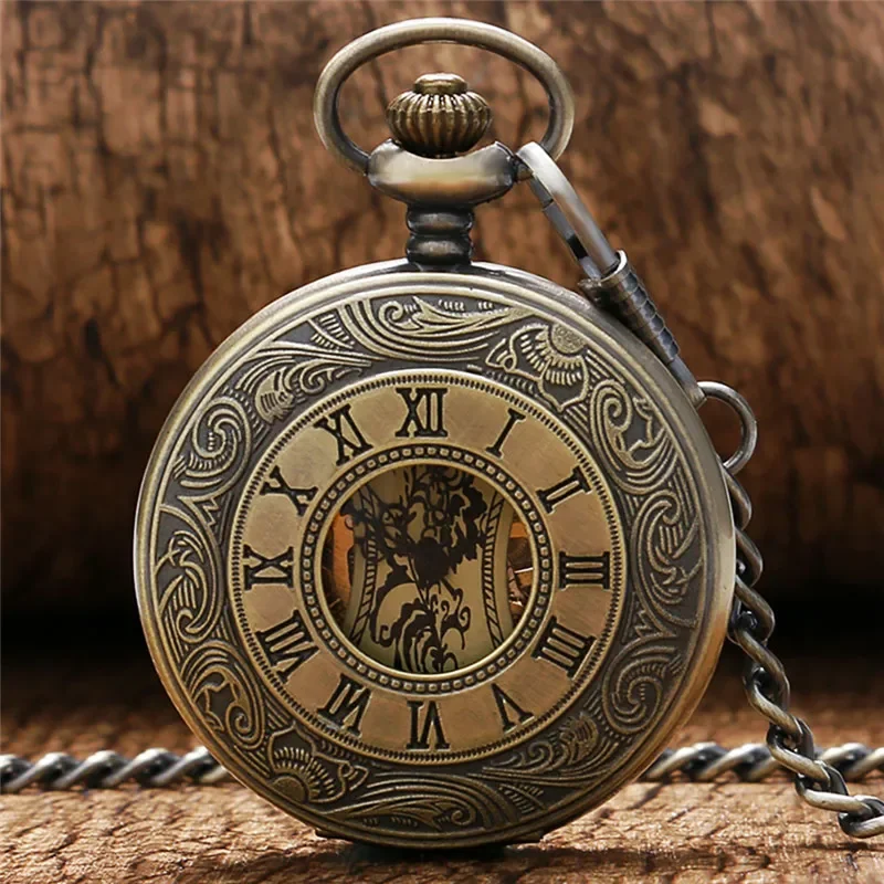 Bronze Roman Numerals Case Steampunk Pocket Watch Skeleton Mechanical Handwinding Clock with Fob Pendant Chain Gift To Men