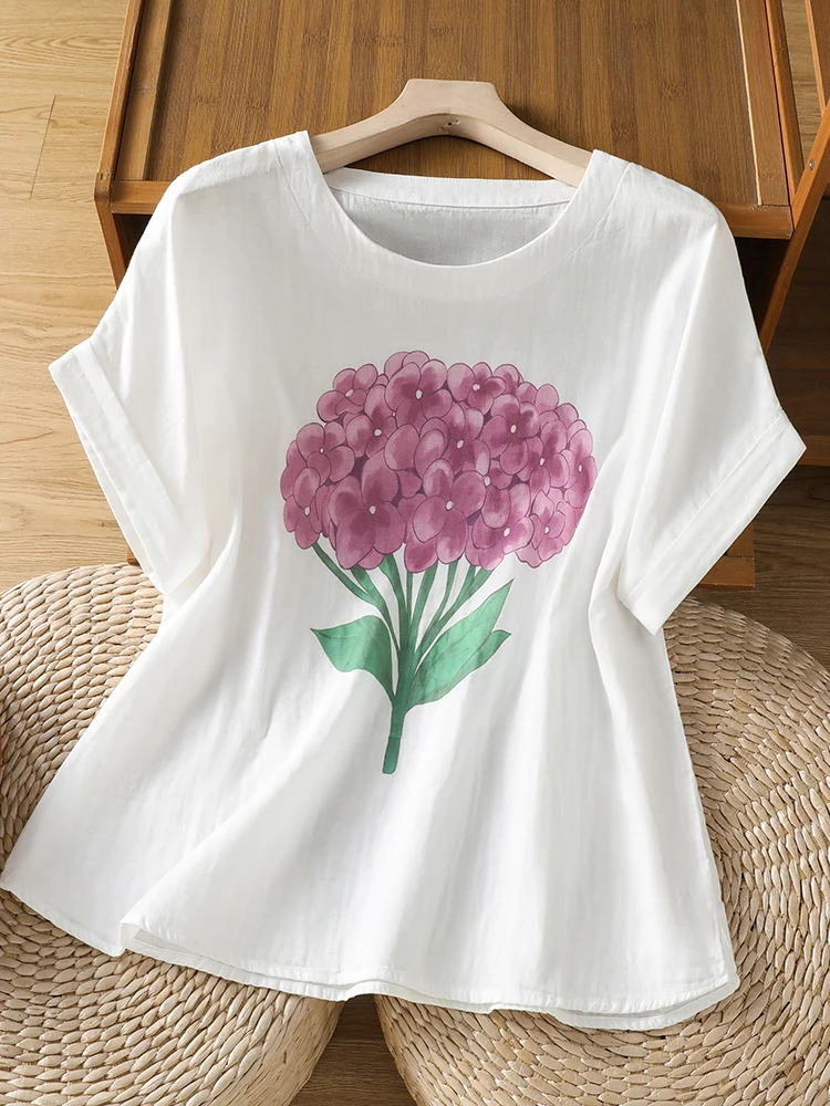 レトロ純綿プリント半袖 Tシャツ女性の夏のファッショナブルな若々しいショルダースリーブオーバーヘッドラウンドネックトップ薄い 1
