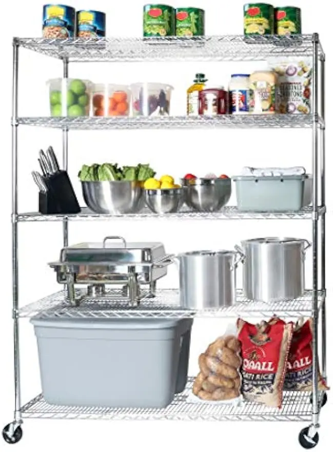 Heavy Duty NSF Solid Steel Wire Rack Storage Unit Wheels 5 Tier Shelving 60 W 24 D