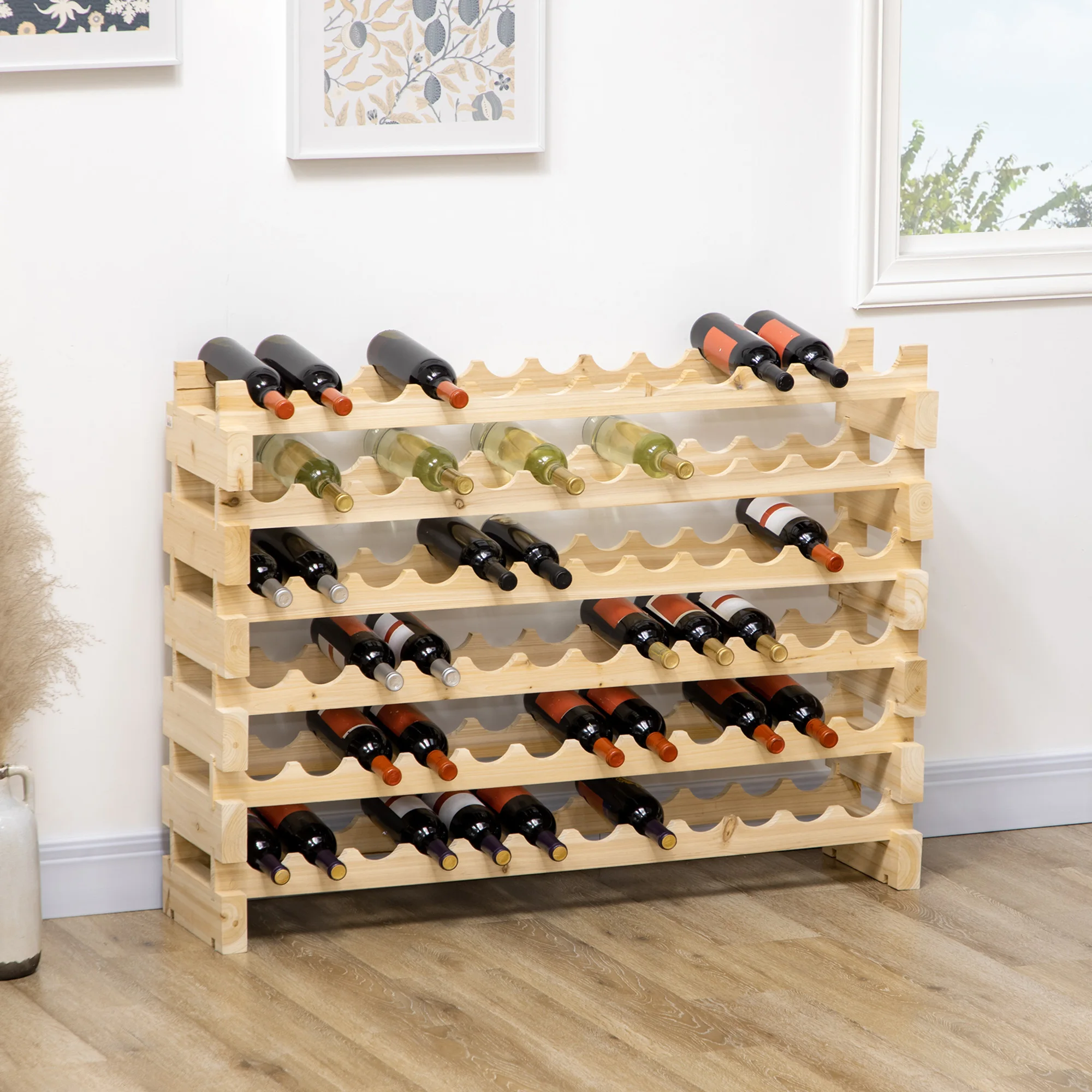 72 Bottle Stackable Wine Rack, Modular Freestanding Wooden Wine Storage Rack, 6-Tier Horizontal Bottle Holder for Kitchen Pantry Cellar, Natural Wood