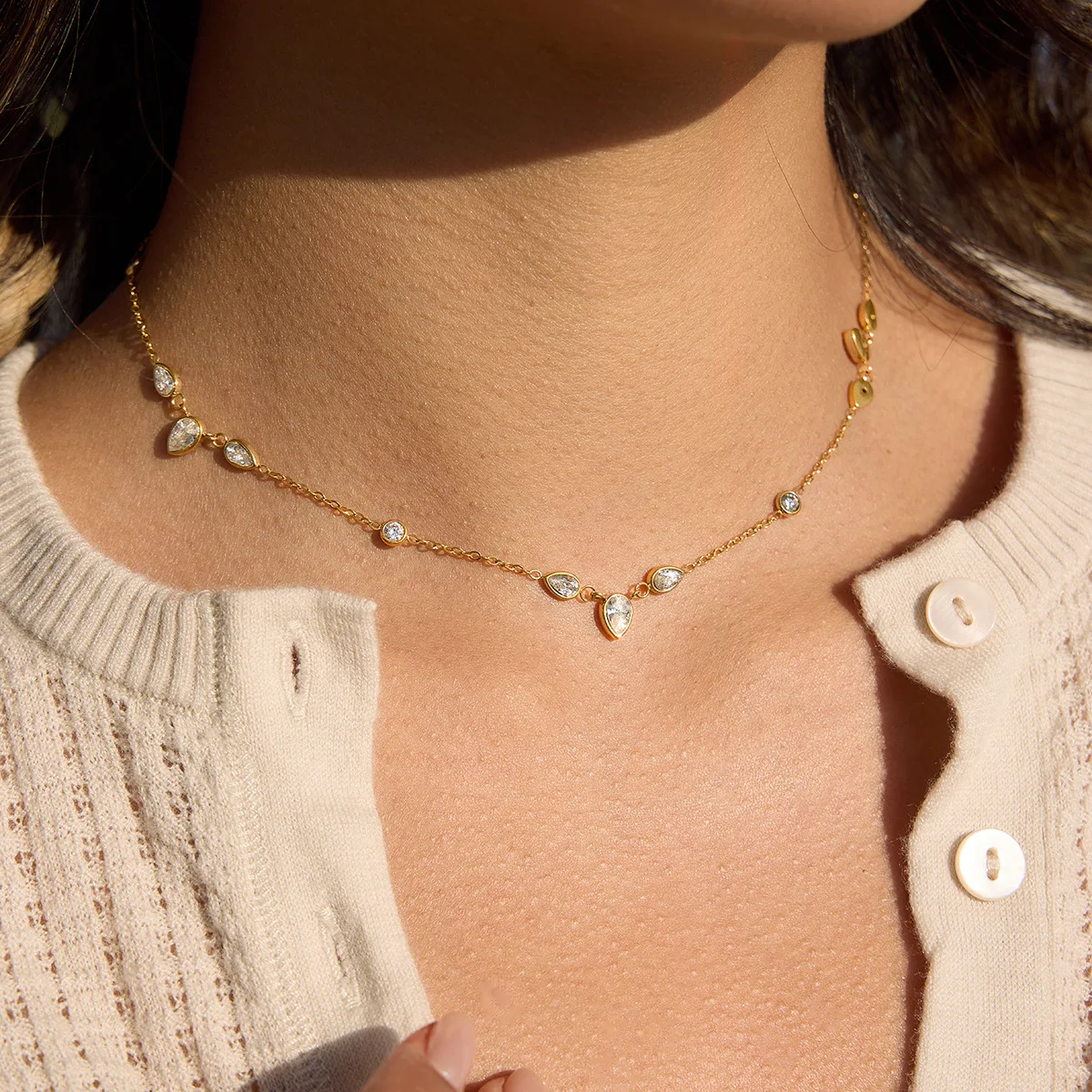 Ars Stainless Steel Thin Chain Necklaces 18k Gold Plated Necklace Water Drop Zircon Charm Necklace Women's Stacking Necklaces