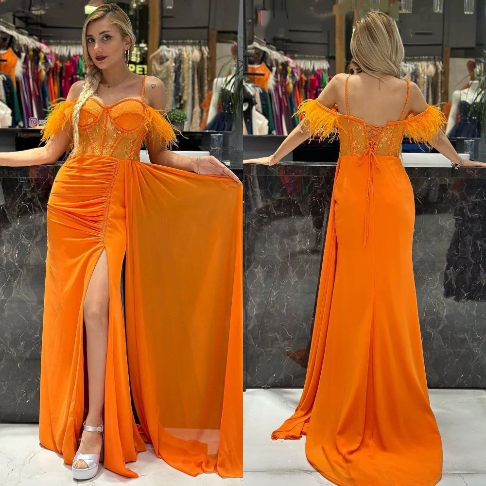 Customized Chiffon Feather Valentine's Day A-line Spaghetti Strap Bespoke Occasion Gown Long Dresses