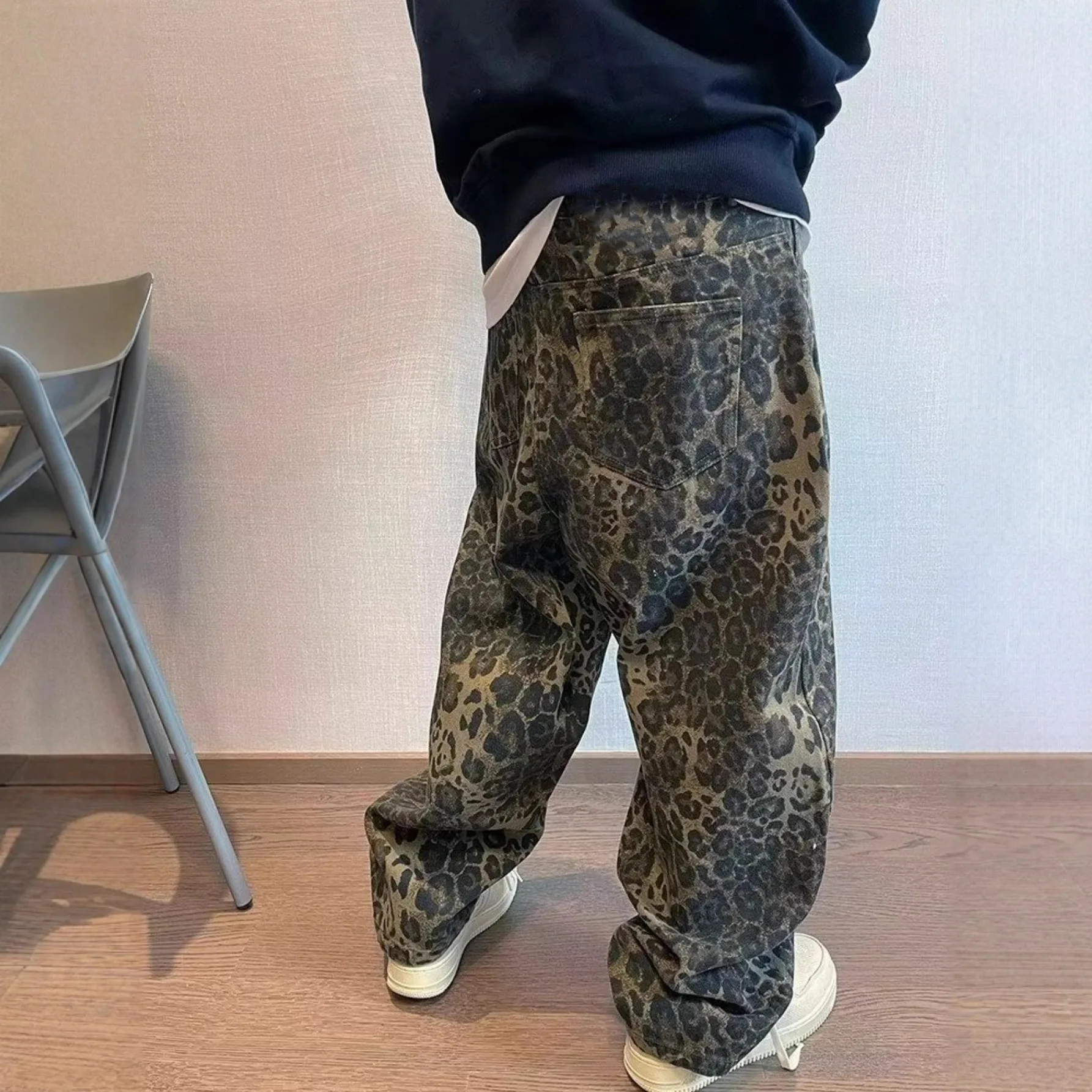 American Street Jeans Men's Spring And Autumn Trendy Brand Niche Loose And Versatile Leopard Print Wide-leg Straight Pants