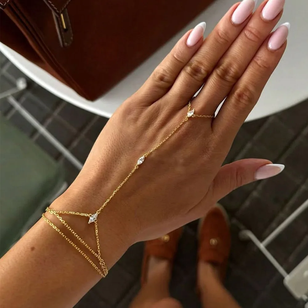

Marquise Connected Finger Bracelet For Women Minimalist Niche Design Personalized Multi Layer Back Of Hand Adjustable Jewelry