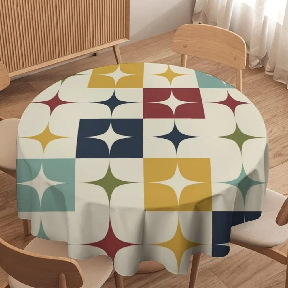 Mid Century Modern Round Tablecloth 1950S Retro Groovy Abstract Hippie Vintage Atomic Space Water Resistant Cover for Party