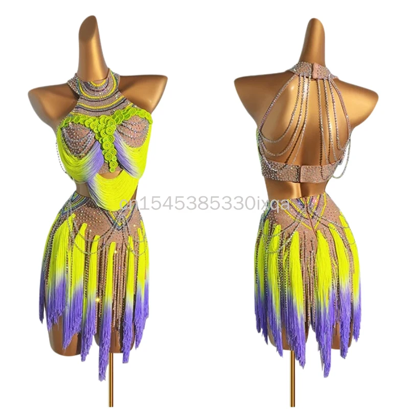 

Костюмы для латиноамериканских танцев для женщин: индивидуальный пошив, комплект с камнями AB и бахромой, для взрослых и детей, для выступлений