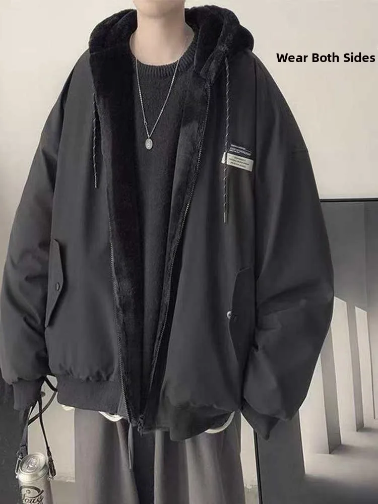 

ex Двусторонняя одежда из меха ягненка, хлопковая куртка, зимняя теплая повседневная верхняя одежда с капюшоном и застежкой-молнией для пар