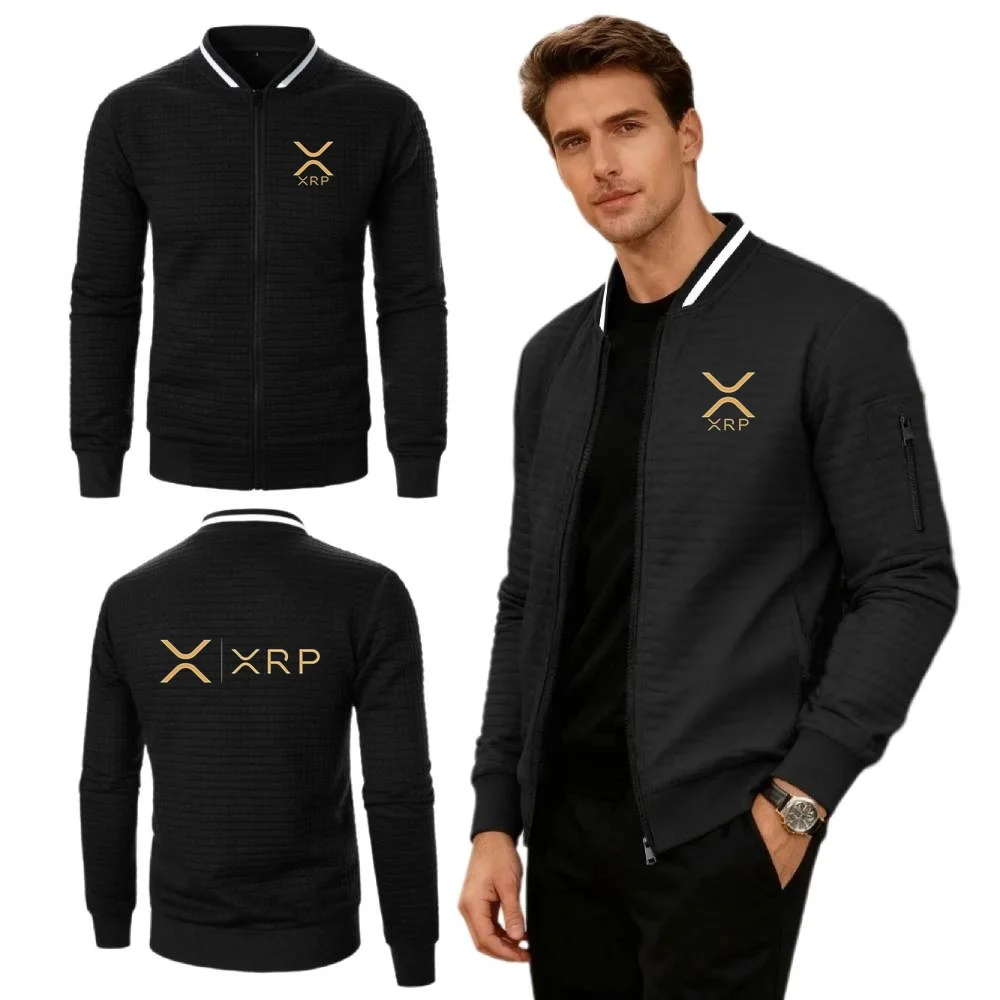 XRP Cryptocurrency Jacket Casual Office Commuting Mens Sweatshirt Simplicity Baseball Collar Waffle Coat Retro Youth Streetwear