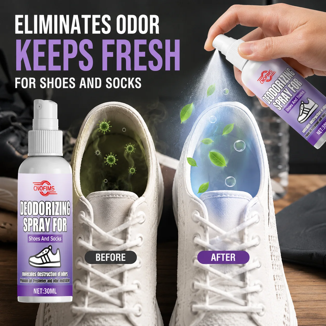 Long-Lasting Shoe Freshener Spray, Odor Eliminator for Gym Shoes, Sports Footwear, Socks and Feet